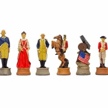 Schachfiguren Unabhängigkeitskrieg aufgereiht, König, Dame, Springer und Bauern