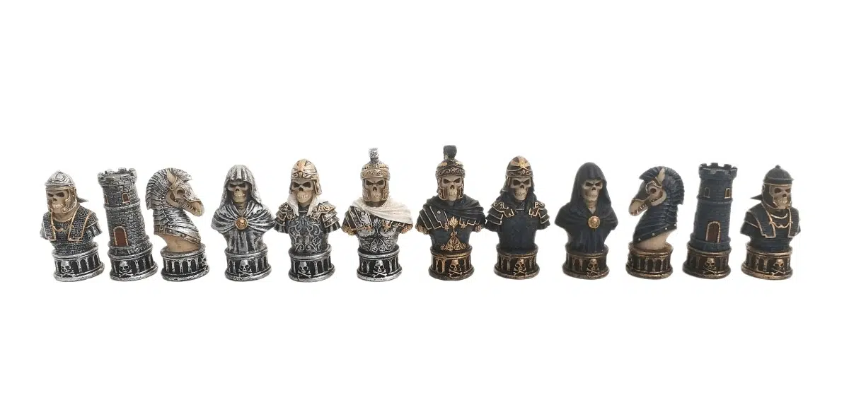 Ensemble Jeu d'Echecs Buste Squelette en Résine et Echiquier à Compartiments