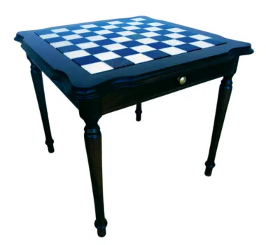 Table d'Echecs en Bois Laqué Noir Tilia avec Plateau en Marbre de Carrare et Double Tiroir de Rangement 