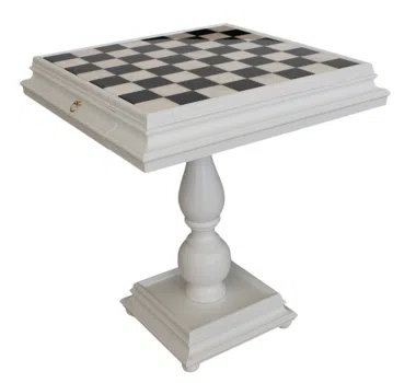Table d'Echecs en Bois Laqué Blanc Tilia avec Plateau en Marbre de Carrare et Double Tiroir de Rangement
