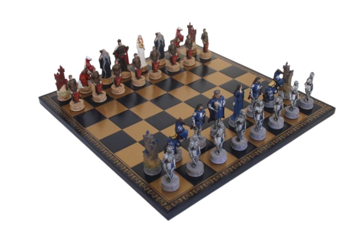 Schachspielset König Arthur aus Resin und Schachbrett aus Kunstleder Blau