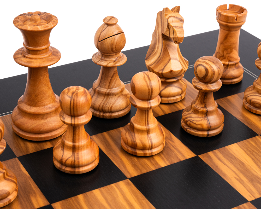 Schachfiguren aus Olivenholz und Buchsbaum sowie Schachbrett aus Olivenholz und schwarzem Tulpenholz mit Aufbewahrungskoffer – Bild 6