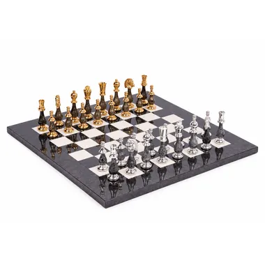 Luxus-Schachspiel aus massivem Messing, gold- und silberplattiert, mit lackiertem Holz und Schachbrett aus Wurzelahorn - König 10 cm