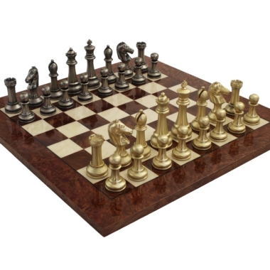 Ensemble de Jeu d'Echecs de Luxe en Métal et Échiquier en Bois d'Orme et de Bruyère Finition Brillante