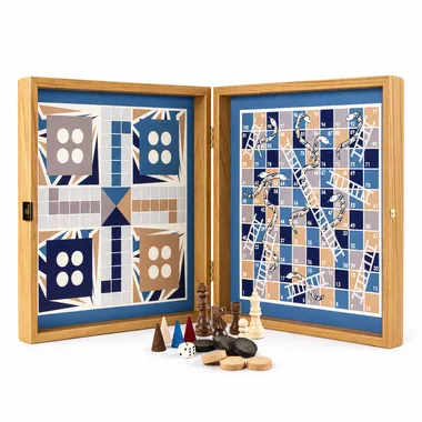 Gesellschaftsspiel 4 in 1 Schach, Backgammon, Ludo und Schlangen - Navy Blau Holzbox