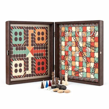 Vintage 4-in-1 Gesellschaftsspiel aus Holz - Schach, Backgammon, Ludo, Schlangen und Leitern