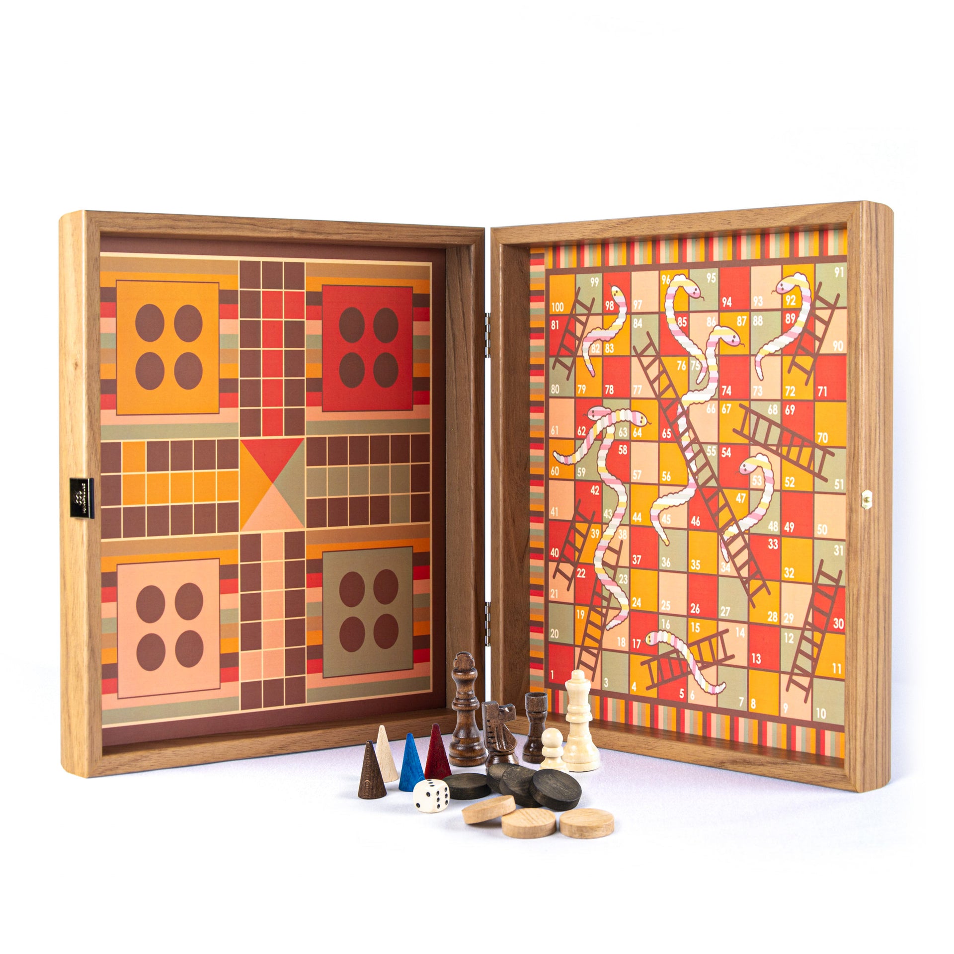 4-in-1 Gesellschaftsspiel aus Holz: Schach, Backgammon, Ludo, Schlangen & Leitern