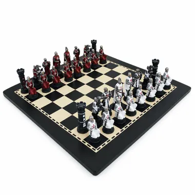 Schachspiel-Set Templerorden - Handbemalte Figuren und Schachbrett aus schwarzem Ebenholz