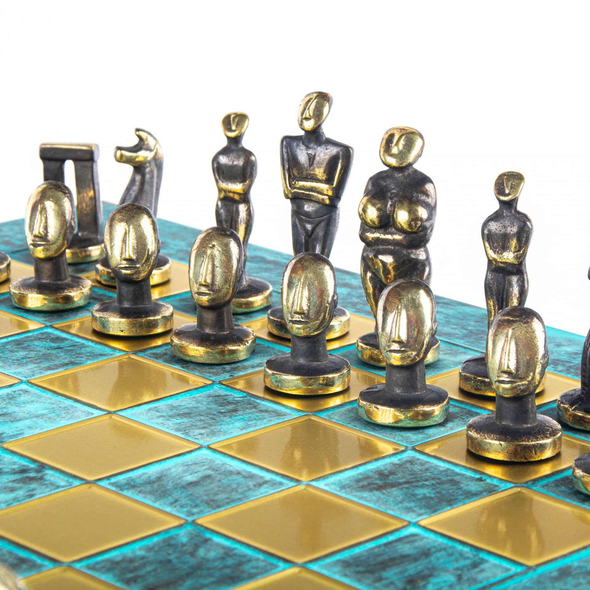 Schachspiel im zykladischen Kunststil aus massivem Messing - Blaue und Braune Figuren – Bild 8