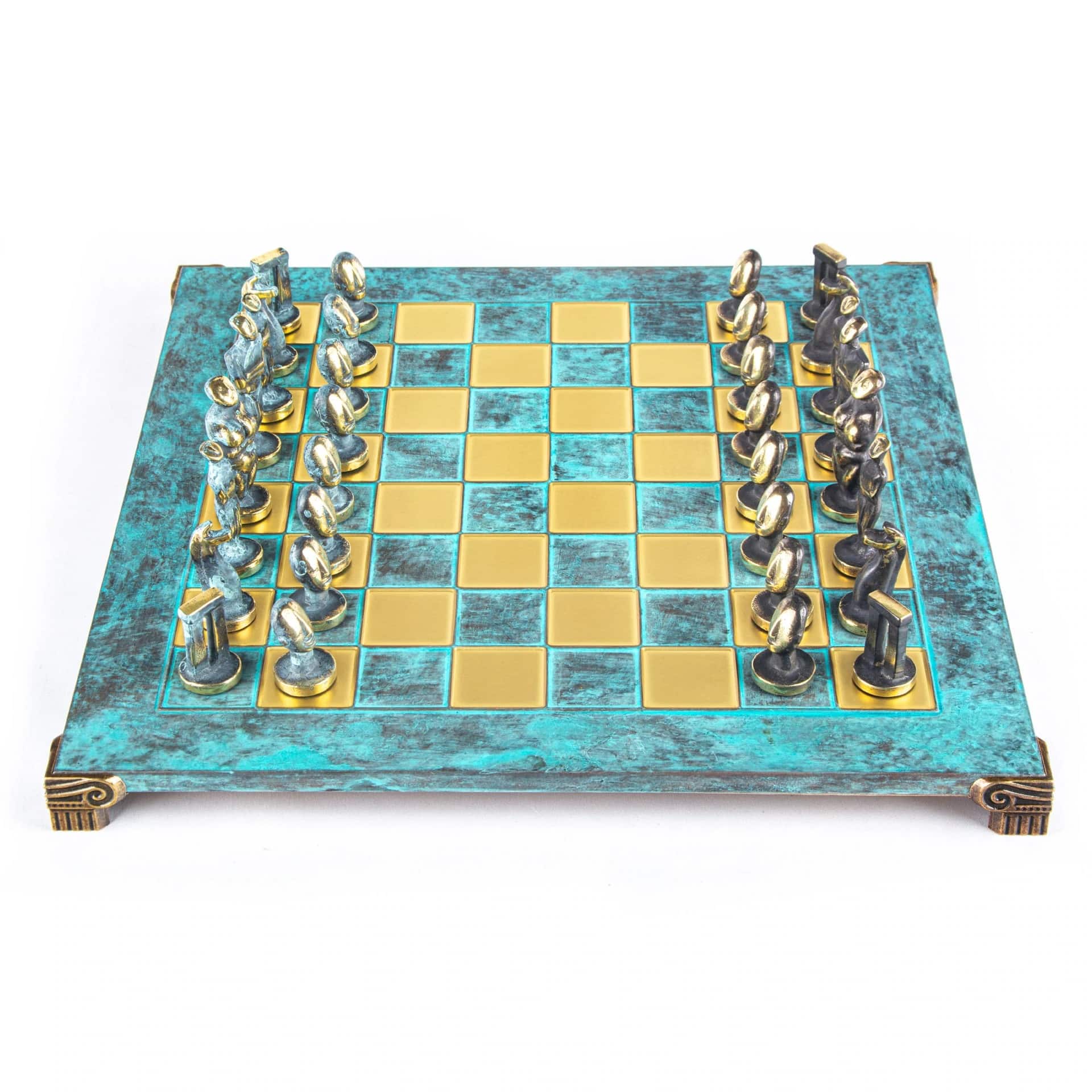Schachspiel im zykladischen Kunststil aus massivem Messing - Blaue und Braune Figuren – Bild 10