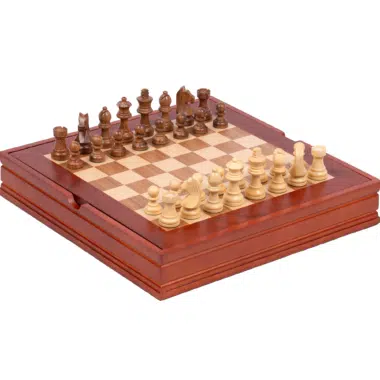 Kleines Schachspiel aus Rosenholz mit Intarsien-Schachbrett und Aufbewahrungsfach