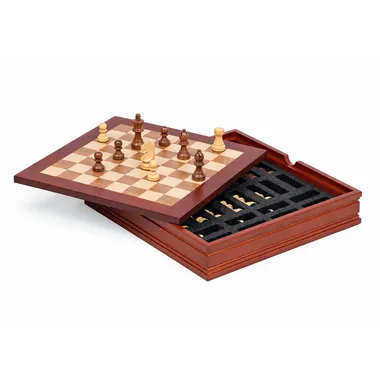 Geöffnete Box mit Schachfiguren in ihren Schaumstofffächern
