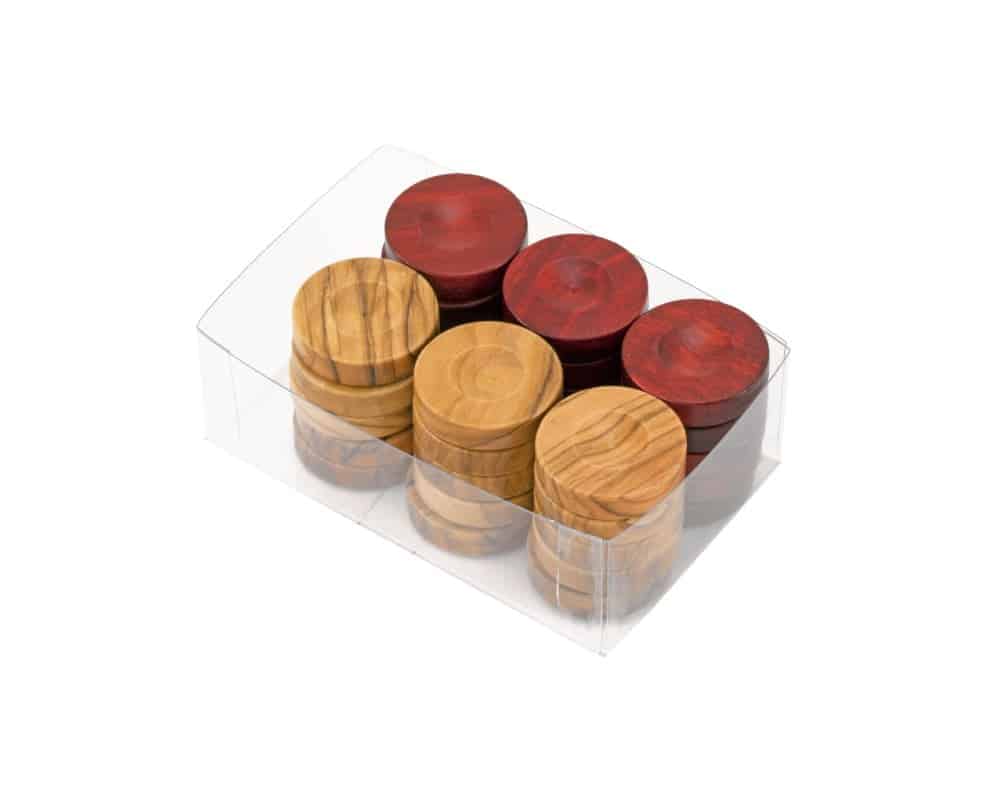 Backgammon-Steine aus Olivenholz - Set mit 30 Stück aus natürlichem und rotem Olivenholz – Bild 2