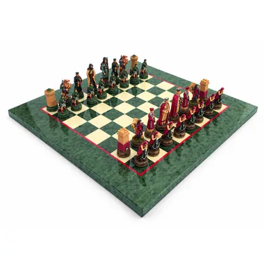 Schachspiel-Set Camelot - Handbemalte Harzfiguren auf Schachbrett aus Wurzelholz und grünem Ahorn