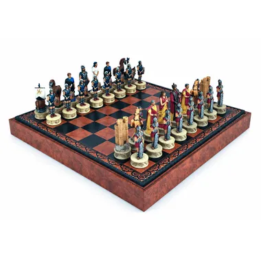 Schachspiel-Set im Thema des Trojanischen Krieges - Handbemalte Figuren und Schachbrett aus Kunstleder 48x48cm