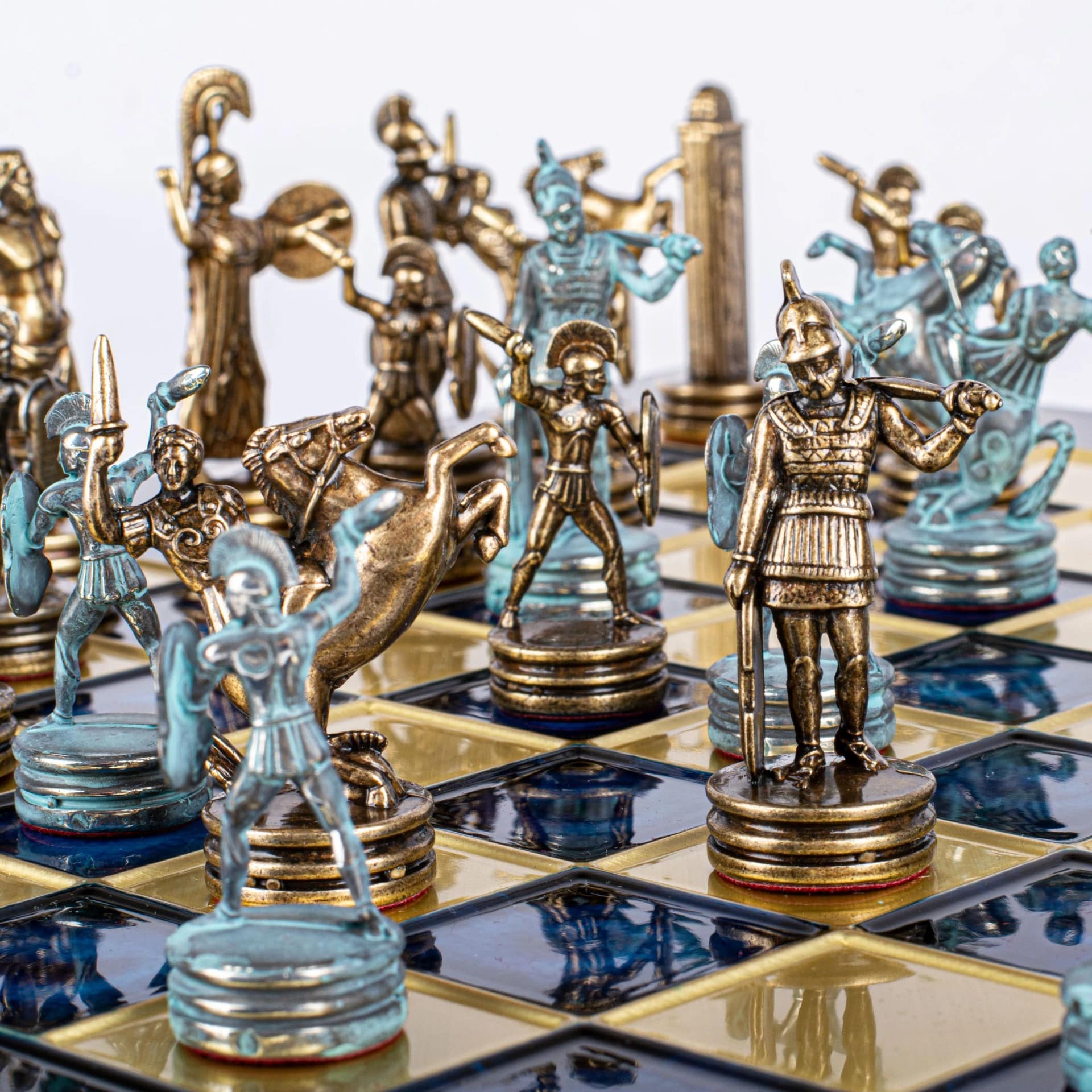 Schachset Griechische Mythologie aus Metall – Bronze- und Blaustücke mit Metall-Schachbrett – Bild 10