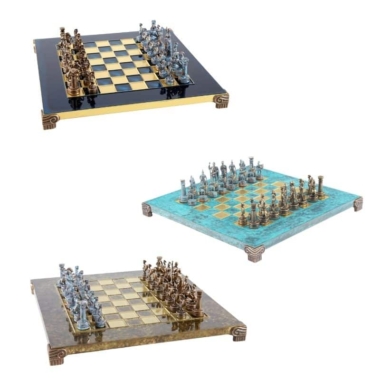 Griechisches und Römisches Schachspiel-Set aus Metall - Schachbrett in 5 Farbvarianten zur Auswahl, mit Laminierter Holzaufbewahrungsbox