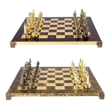 Schachspiel Griechische Mythologie mit Gold- & Braunen Figuren - Schachbrett aus Metall 36 x 36 cm