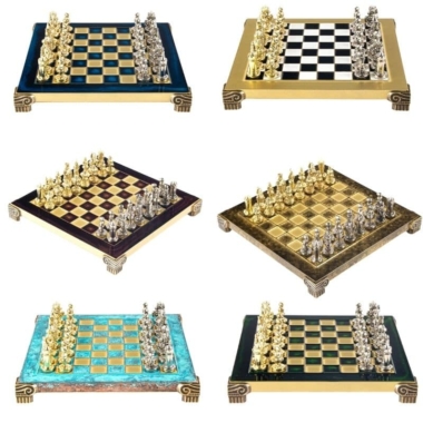 Kleines Byzantinisches Schachspiel Set mit Gold- und Silbermetallfiguren sowie Metall-Schachbrett und Aufbewahrungsbox