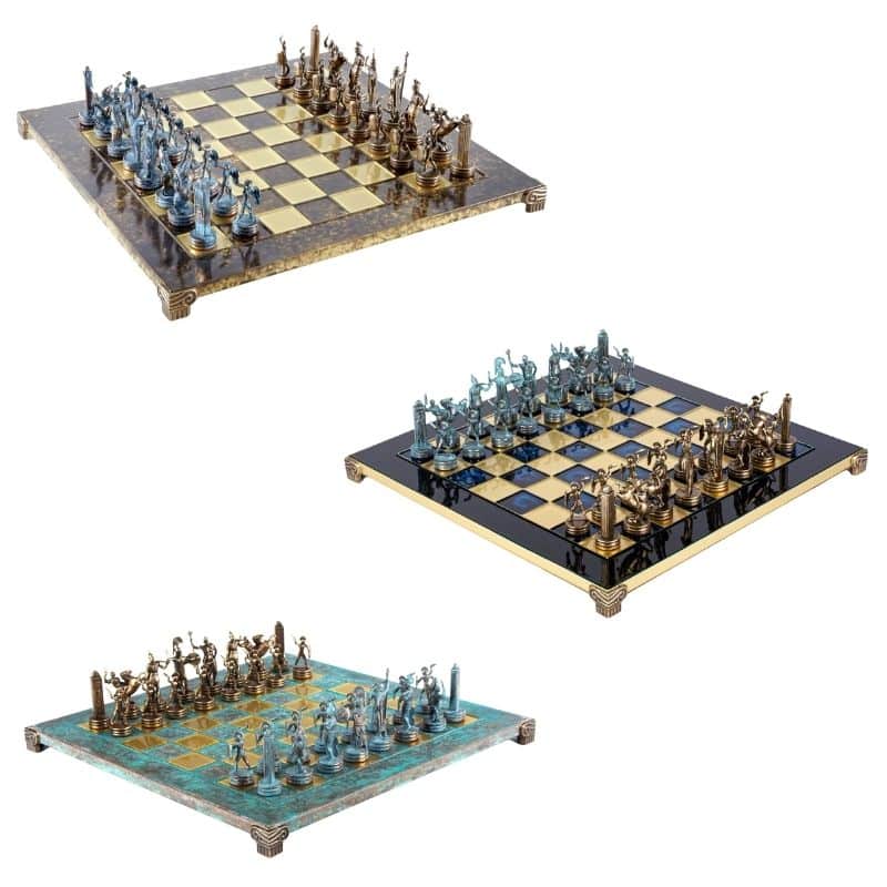 Schachset Griechische Mythologie aus Metall – Bronze- und Blaustücke mit Metall-Schachbrett