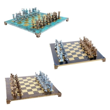 Griechisch-Römisches Schachspiel-Set aus Metall - Bronze- und Blaustücke mit Metall-Schachbrett 44 x 44 cm und Aufbewahrungskoffer