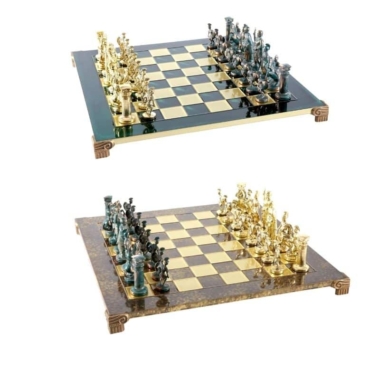 Schachspiel Greco-Roman - Grüne und Goldene Figuren mit Metallspielbrett