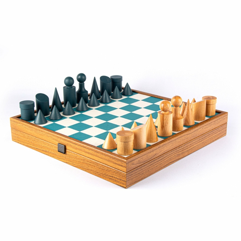 Schachspiel-Set im Bauhaus-Stil aus Holz und blau-weißem Kunstlederbrett mit Aufbewahrung