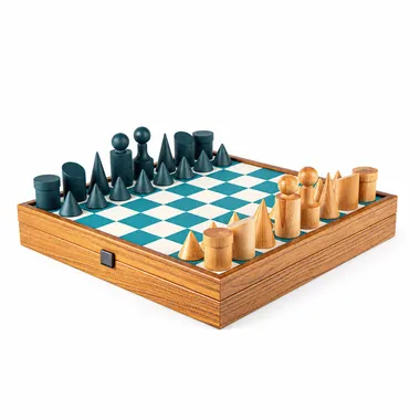 Schachspiel-Set im Bauhaus-Stil aus Holz und blau-weißem Kunstlederbrett mit Aufbewahrung