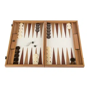 Backgammon geöffnet aus Kroko-Lederimitat, Steine elfenbein und braun mit Würfeln