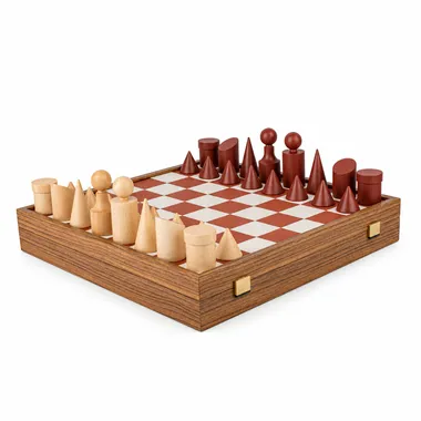 Schachspiel-Set im Bauhaus-Stil aus Holz und Spielbrett aus Kunstleder - Terrakotta & Weiß - 40 x 40 cm