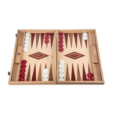 Backgammon aus Eiche und Nussbaum geöffnet, Gesamtansicht des Spielbretts