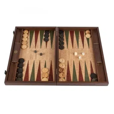 Offenes Backgammon aus Naturkork mit Olivenholzsteinen und Würfeln