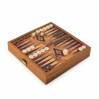 2-in-1-Box geschlossen mit Backgammon-Spielfeld, Steinen und Dreiecken