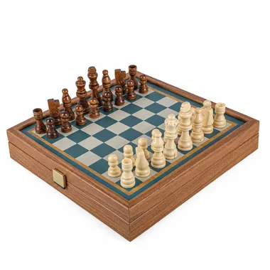 Türkisfarbenes 2-in-1-Set 27×27 cm geöffnet mit aufgebautem Schachbrett