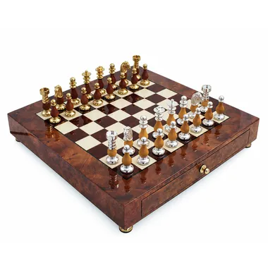 Luxus-Schachspiel aus Wurzelholz mit Schublade, Figuren in Gold und Silber