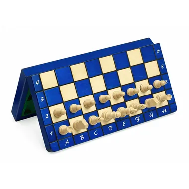 Magnetisches Schachspiel aus Holz in Blau und Elfenbein – Klappbares Schachbrett 28 x 28 cm Perfekt für Unterwegs