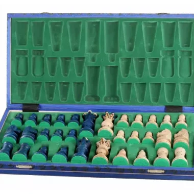 Großes Schachspiel aus blauem und elfenbeinfarbenem Holz – Großes klappbares Schachbrett 55 x 55 cm