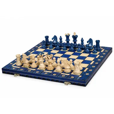 Großes Schachspiel aus blauem und elfenbeinfarbenem Holz – Großes klappbares Schachbrett 55 x 55 cm