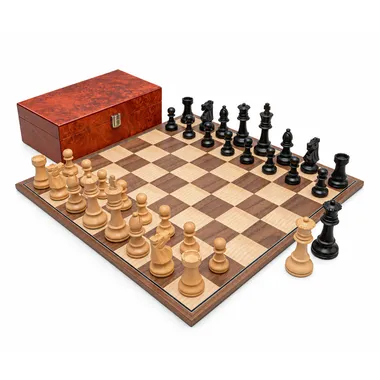 Komplettes Schachset Staunton Conquest mit Klappbrett und Wurzelholzbox