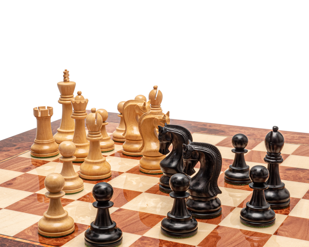 Jeu d’échecs de luxe Leningrad en bois noirci et loupe d’orme