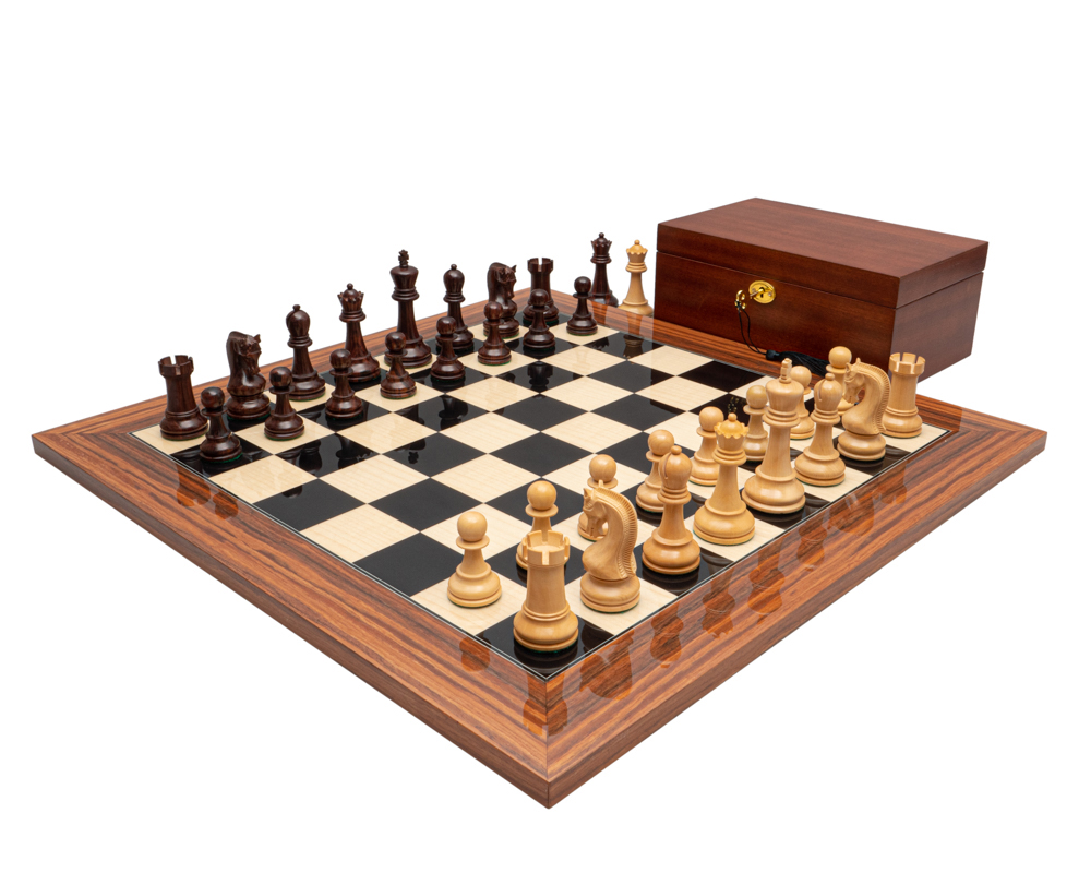 Ensemble d’échecs de luxe Leningrad en bois d’Anjan et Palissandre avec coffret