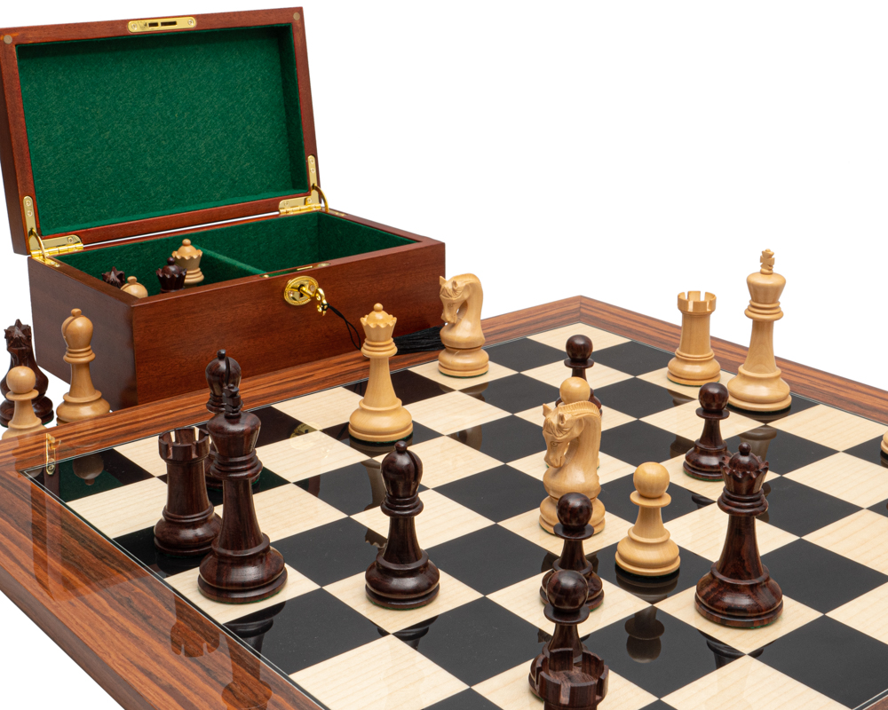 Ensemble d’échecs de luxe Leningrad en bois d’Anjan et Palissandre avec coffret