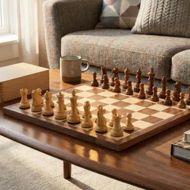 Schachspiel Fierce Knight aufgestellt auf einem Tisch in gemütlicher Atmosphäre - Le Palais Des Echecs