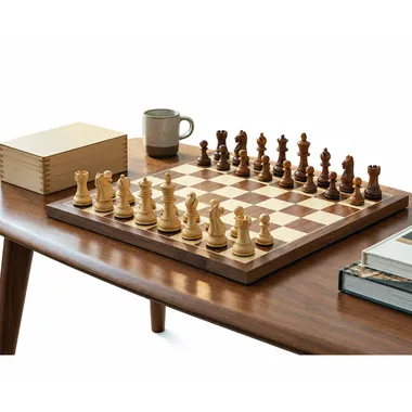 Schachspiel Fierce Knight aufgestellt auf einem Tisch in gemütlicher Atmosphäre - Le Palais Des Echecs