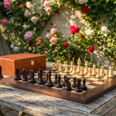 Detail der schwarzen Figuren des Windsor Holzschachspiels – Le Palais Des Echecs