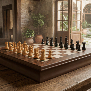 Kingsclere Schachspiel aus Ebenholz und Walnuss in elegantem Ambiente