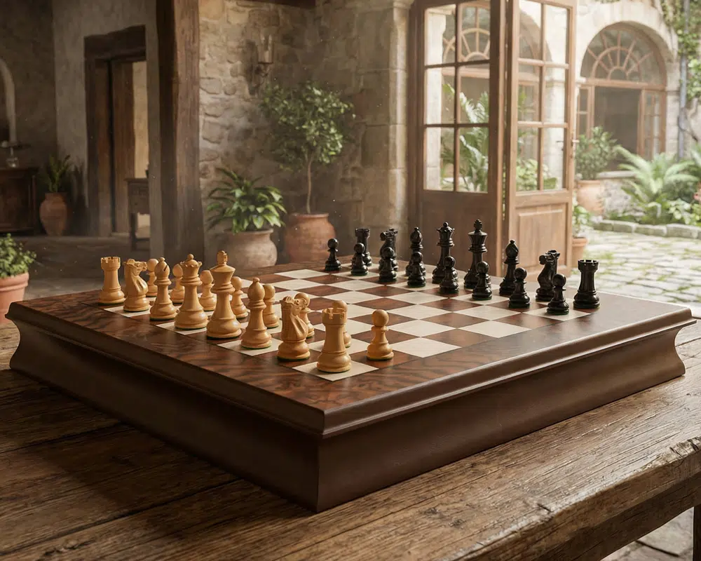 Kingsclere Schachspiel aus Ebenholz und Walnuss in elegantem Ambiente