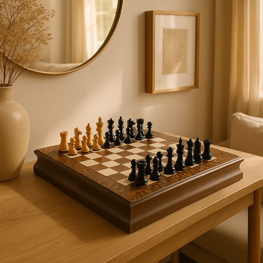 Kingsclere Schachspiel aus Ebenholz und Walnuss, ansprechend auf einem Tisch präsentiert