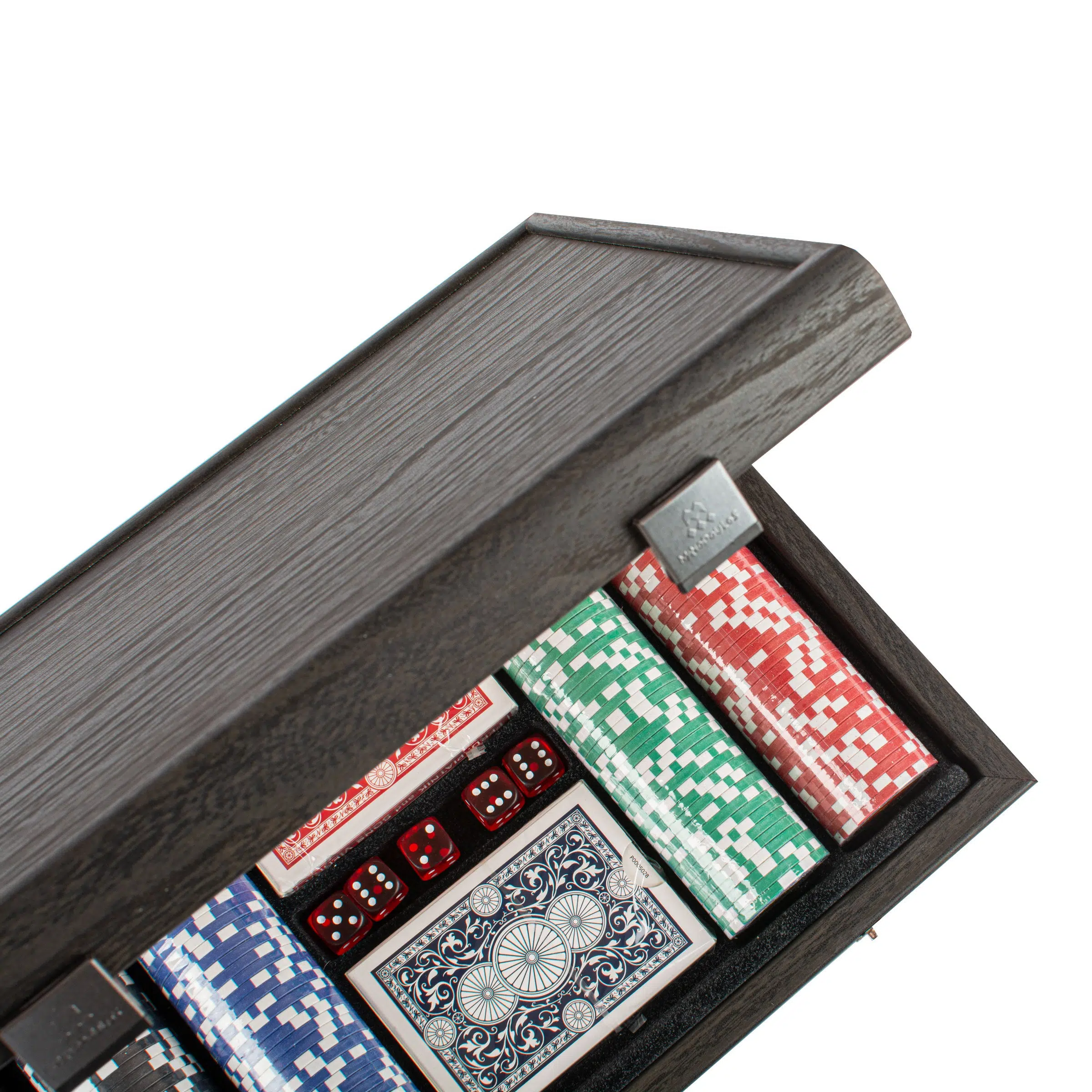 Coffret de poker en bois noir vu de haut, mettant en valeur les jetons