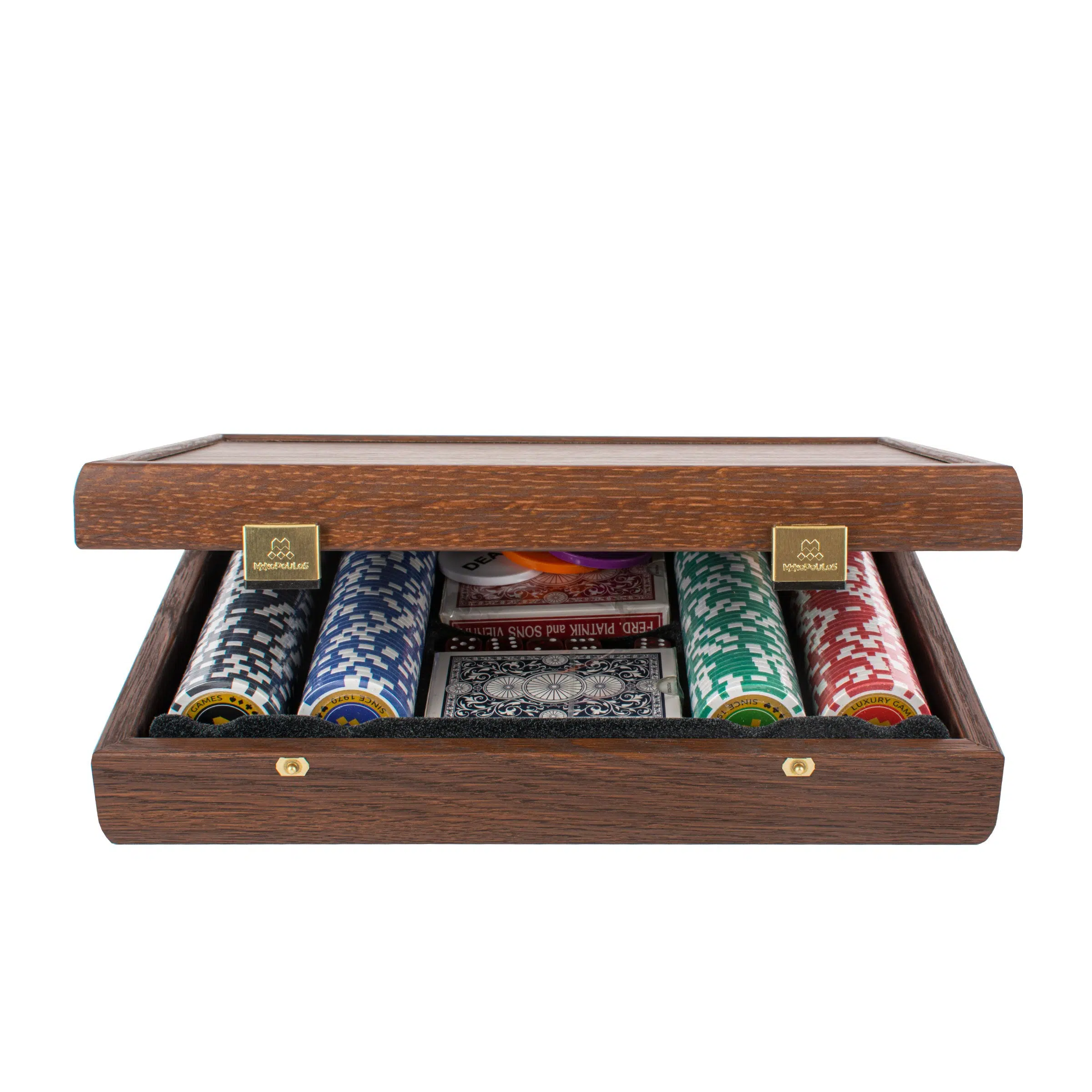 Coffret de poker en bois ouvert, avec jetons colorés et cartes - Le Palais Des Echecs
